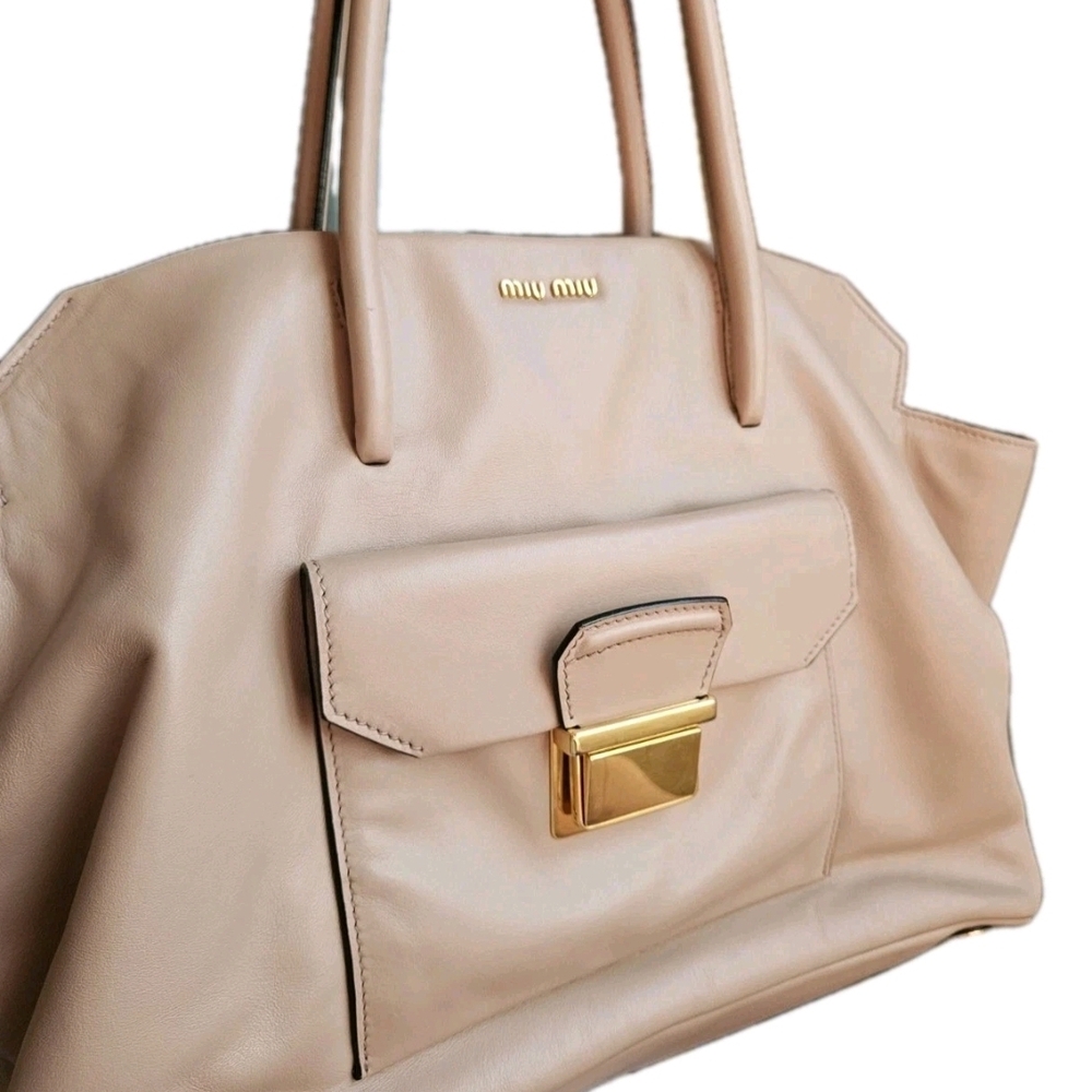 Miu Miu Beige Large Supple Leather Inside And Out Satchel with Gold Hardwear